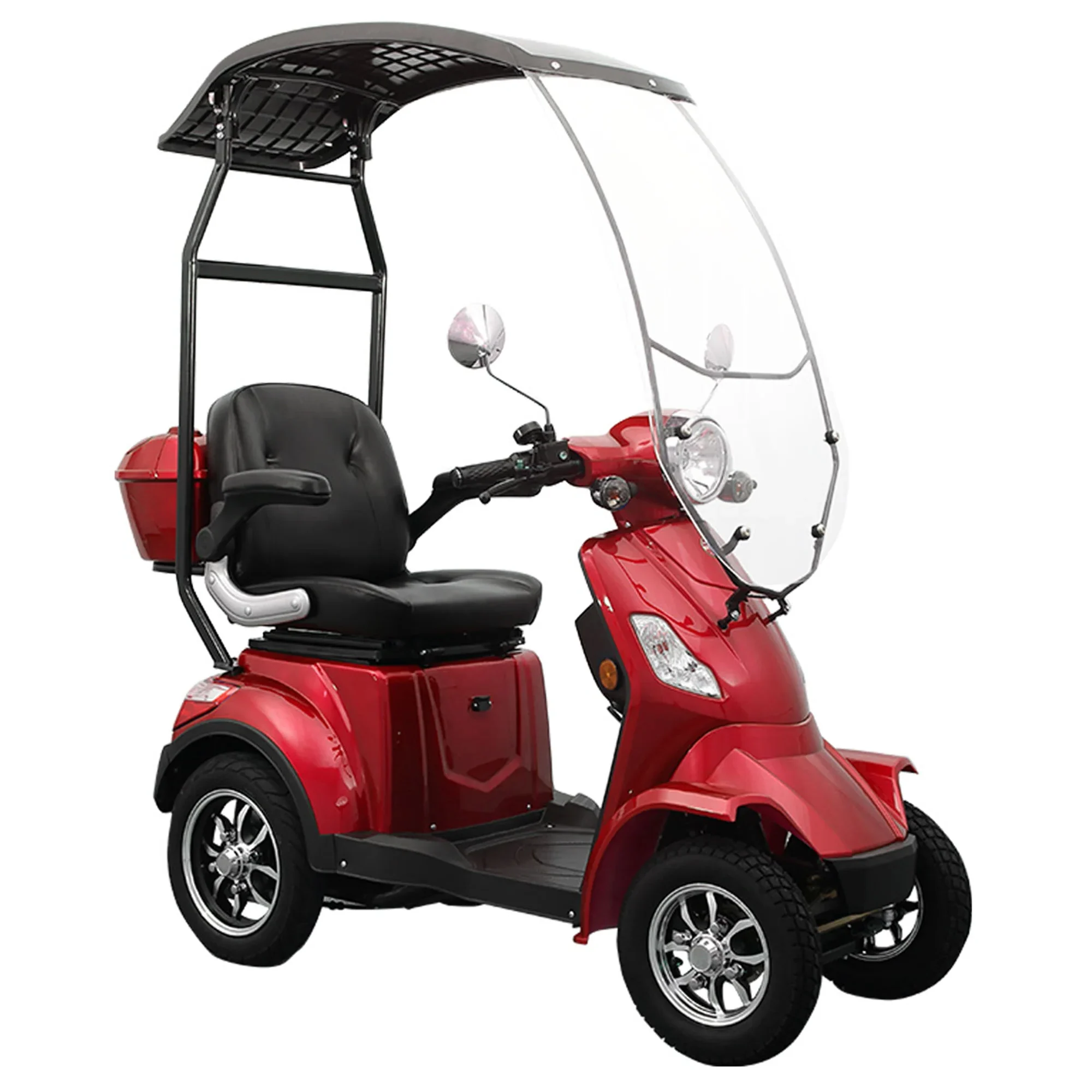 Daymak Roadstar 4-Wheel in red with a canopy, windshield, rear storage, and a black cushioned seat.