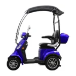 Daymak Roadstar side view in blue, showing its sleek design, cushioned seat, canopy, and rear storage compartment.