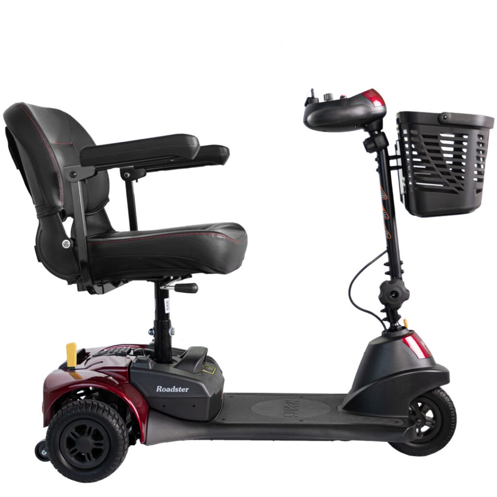 Side view of the Merits Roadster 3 mobility scooter in red with armrests and front basket