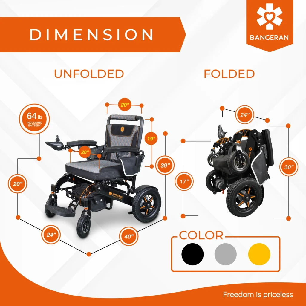 Bangeran Mammoth electric wheelchair showing measurements for unfolded and folded position with color options.