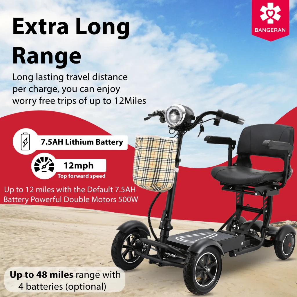 Bangeran Dragon Mobile EX can travel up to 12 miles with the default 7.5AH battery or extend to 48 miles with 4 batteries, maintaining a 12MPH top speed.
