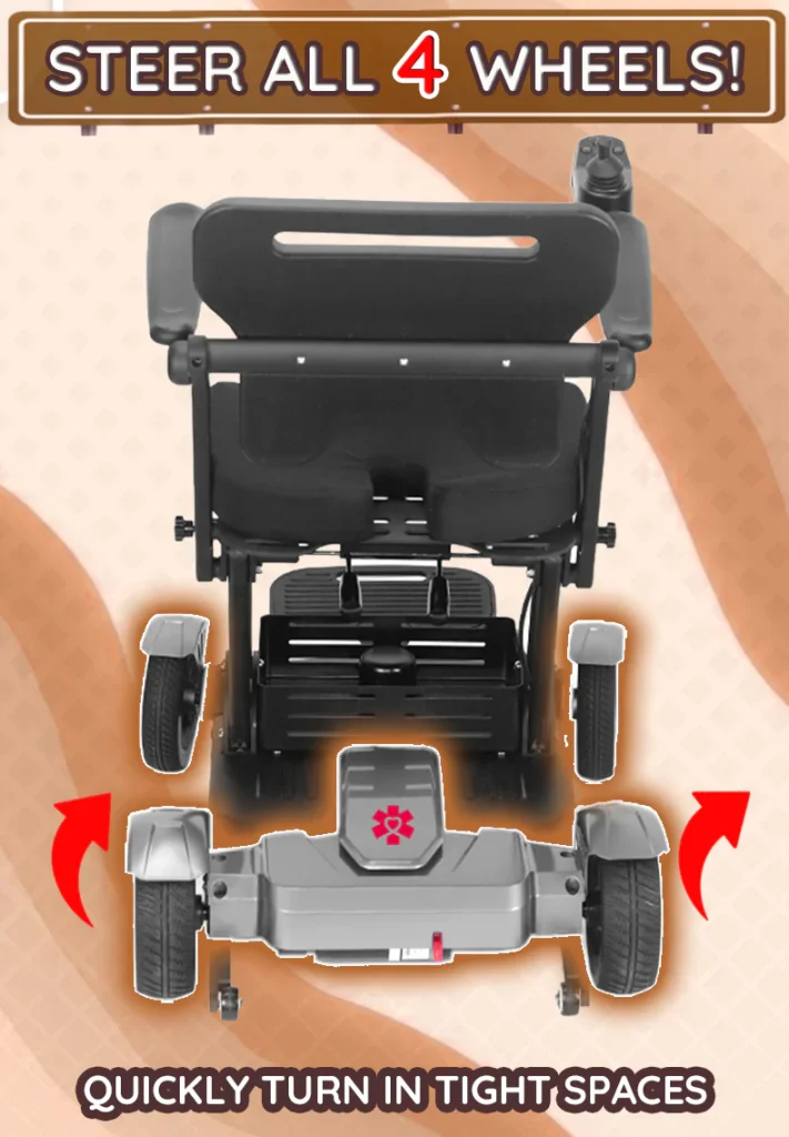 Bangeran Titan Mobility scooter with all-wheel steering for quick turns in tight spaces, improving maneuverability.