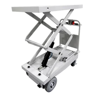 EK Tech Pony Express 1050-EL Motorized Electric Scissor Lift Cart shown with raised scissor lift platform, sturdy wheels, and rear handle with control panel for easy lifting and transport of heavy materials.