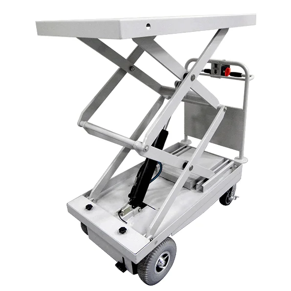 EK Tech Pony Express 1050-EL Motorized Electric Scissor Lift Cart shown with raised scissor lift platform, sturdy wheels, and rear handle with control panel for easy lifting and transport of heavy materials.
