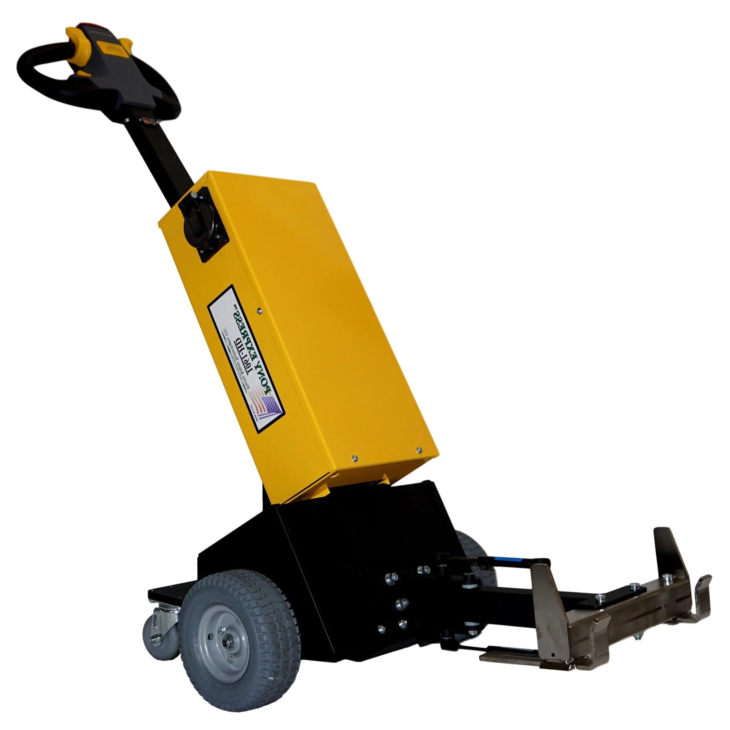Pony express 1061 hd electric powered tugger with yellow power box black base and front coupling attachment