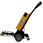 Side view of pony express 1061 hd electric powered tugger showing large rear wheels front caster wheels and extended coupling arm