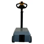 Rear angle view of pony express 1062 electric powered tugger with sturdy black tiller arm and large rear wheels