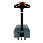 Front view of pony express 1062 electric powered tugger showing ergonomic black handle with red safety stop button and compact gray power housing