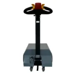 Front view of the Pony Express 1065 Electric Powered Tugger with black adjustable tiller handle and dual wheels for stability.