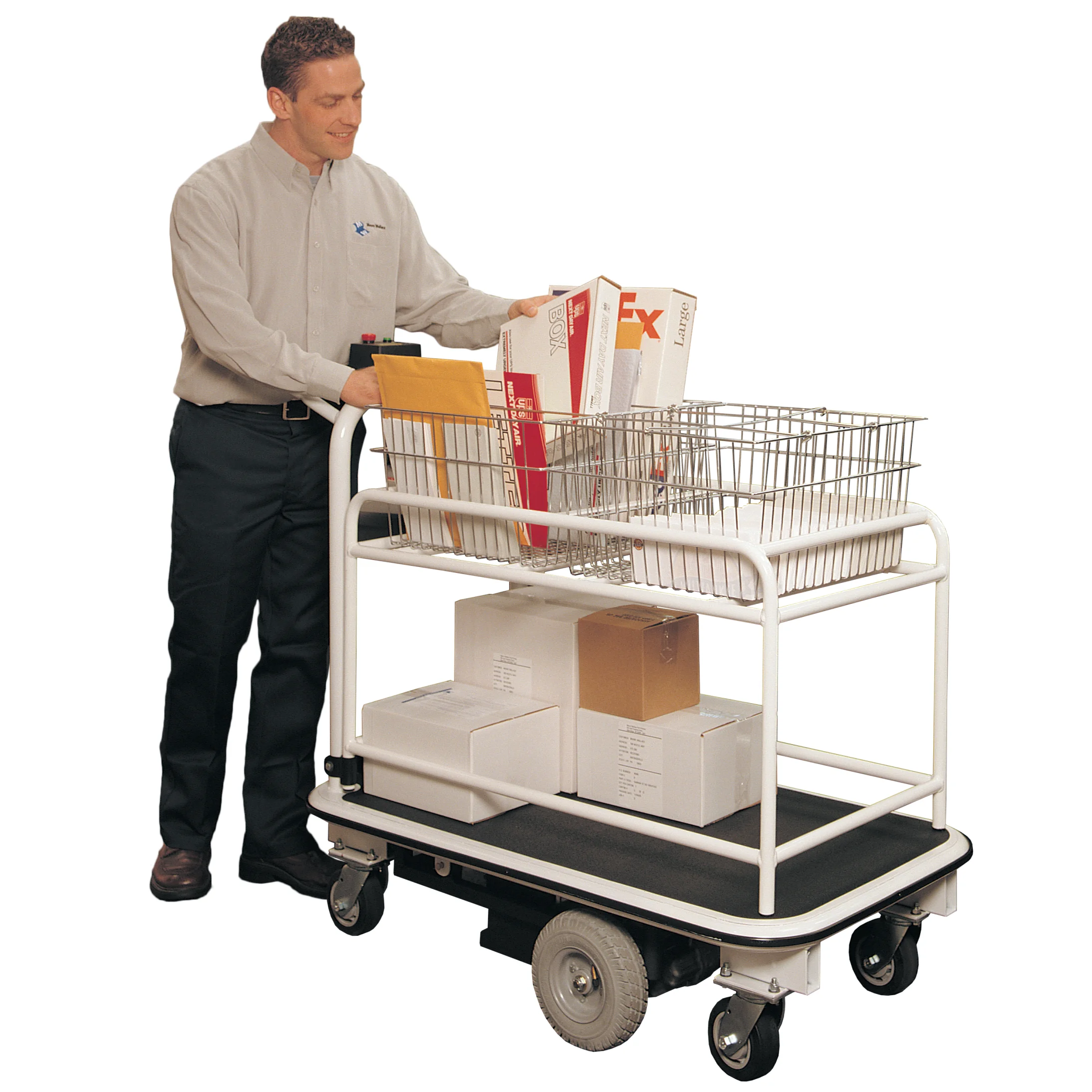 Mailroom worker using EK Tech Pony Express 1031-SM01 Motorized Mailroom Cart loaded with packages and envelopes on upper and lower shelves inside a warehouse or office mailroom.