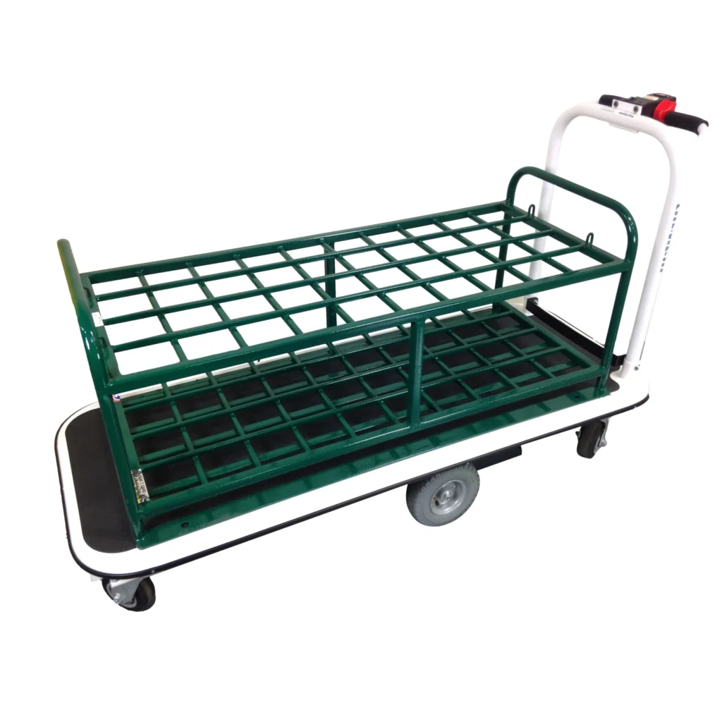 Pony Express Motorized Medical Gas Cylinder Cart with empty green steel frame, white base, and rear handle controls visible.