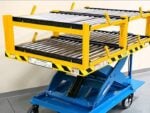 Pony Express 1050-EL scissor lift cart fitted with the 0244-505 gravity roller conveyor top