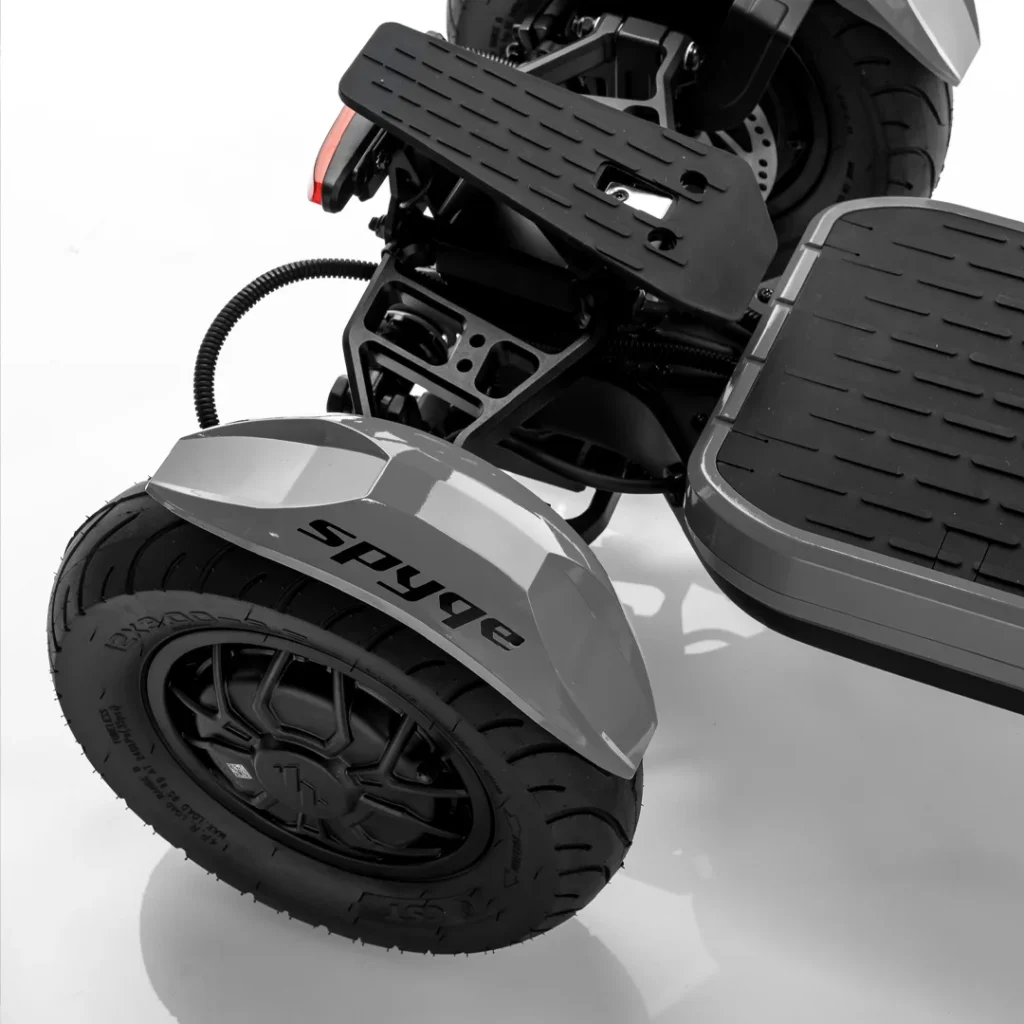 Close view of MIA SPYQE electric scooter rear wheel and platform showing strong build and wide tires