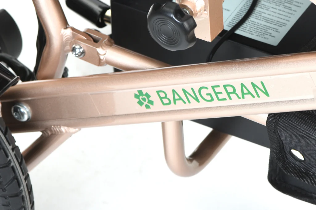 Close up of frame with Bangeran logo on Pegasus Cerebral Palsy power wheelchair.