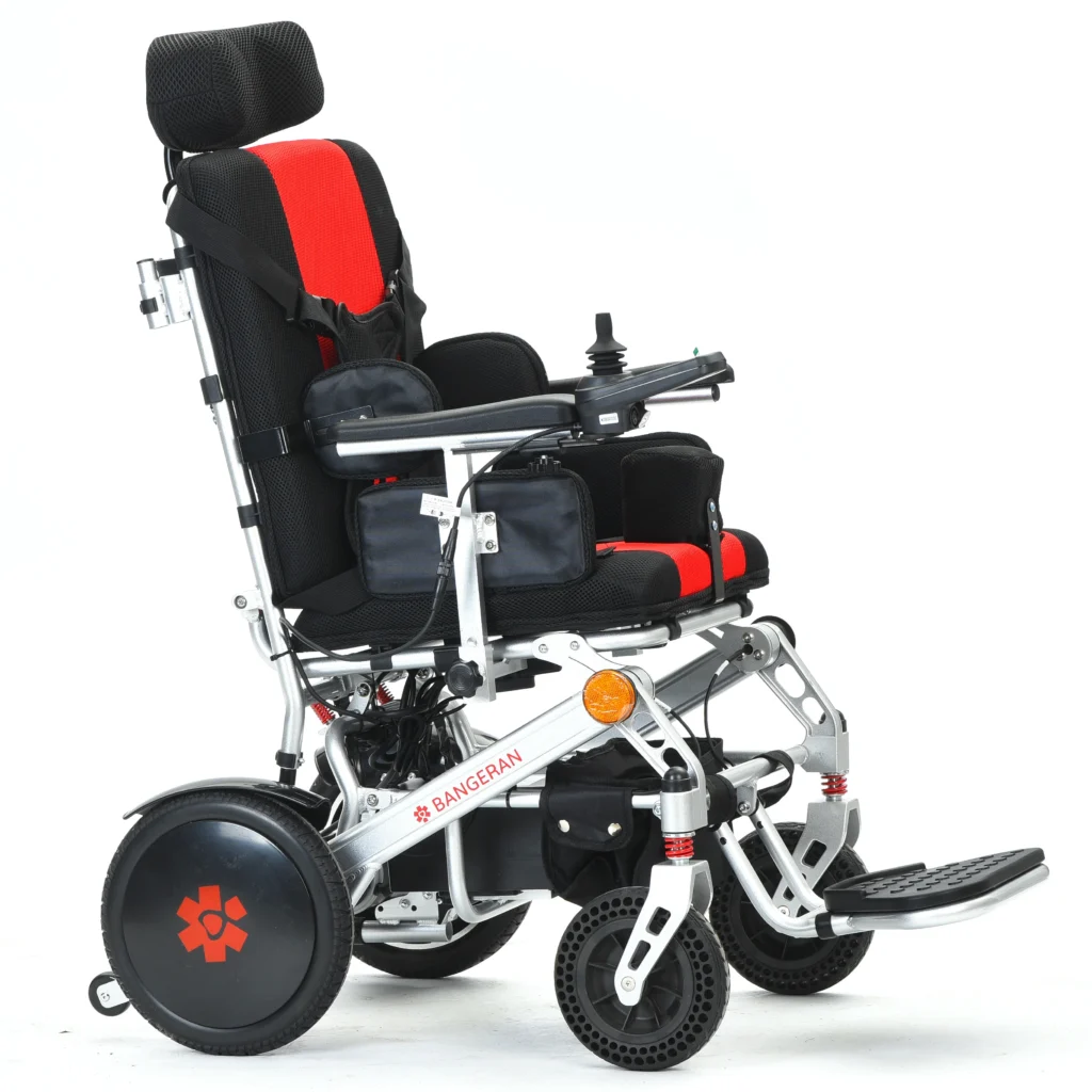 Silver frame Bangeran Pegasus Cerebral Palsy power wheelchair with black and red seat and joystick controller.