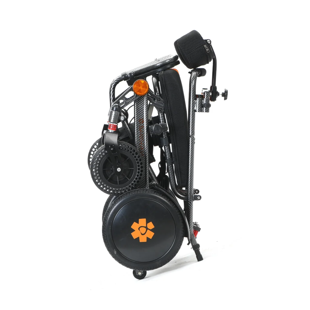 Folded Bangeran Pegasus Cerebral Palsy wheelchair standing upright for easy storage.