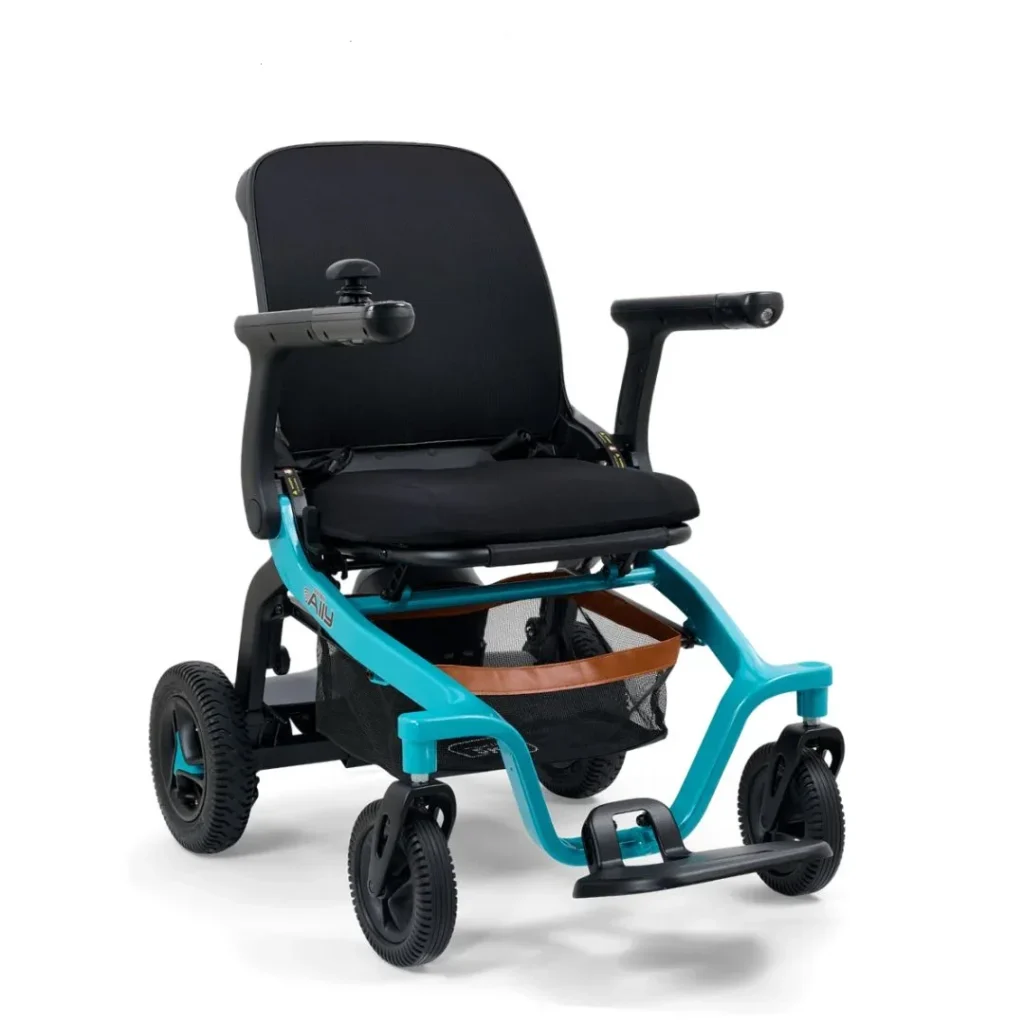 Golden Technologies Ally GP303 power wheelchair in teal with black seat, shown from the front, highlighting its compact and modern frame.
