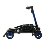 Forcemech Traveler Lightweight Folding Mobility Scooter Forcemech Traveler Lightweight Folding Mobility Scooter in blue shown folded flat from the side with compact wheels and a slim frame.