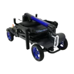 Forcemech Traveler Lightweight Folding Mobility Scooter Forcemech Traveler Lightweight Folding Mobility Scooter in blue shown folded with the front light and handlebars resting on the frame.