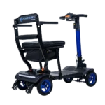 Forcemech Traveler Lightweight Folding Mobility Scooter Forcemech Traveler Lightweight Folding Mobility Scooter in blue shown from the back with a simple seat and storage bag under it.