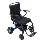 Forcemech Carbon F1 Lightweight Folding Power Wheelchair in blue shown from an angled front view with a soft seat and folding frame.