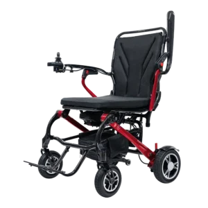 Forcemech Carbon F1 Lightweight Folding Power Wheelchair in red shown from the front side with a padded seat and joystick control.