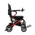 Forcemech Carbon F1 Lightweight Folding Power Wheelchair in red shown from the side with the joystick on the armrest.