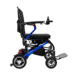 Forcemech Carbon F1 Lightweight Folding Power Wheelchair in blue shown from the side with a slim frame and joystick control.