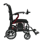 Forcemech Ultralite G10 Lightweight Folding Electric Wheelchair in red shown from the side with strong wheels and a simple footrest.