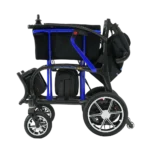 Forcemech Ultralite G10 Lightweight Folding Electric Wheelchair in blue folded from the side with compact wheels and a small frame.