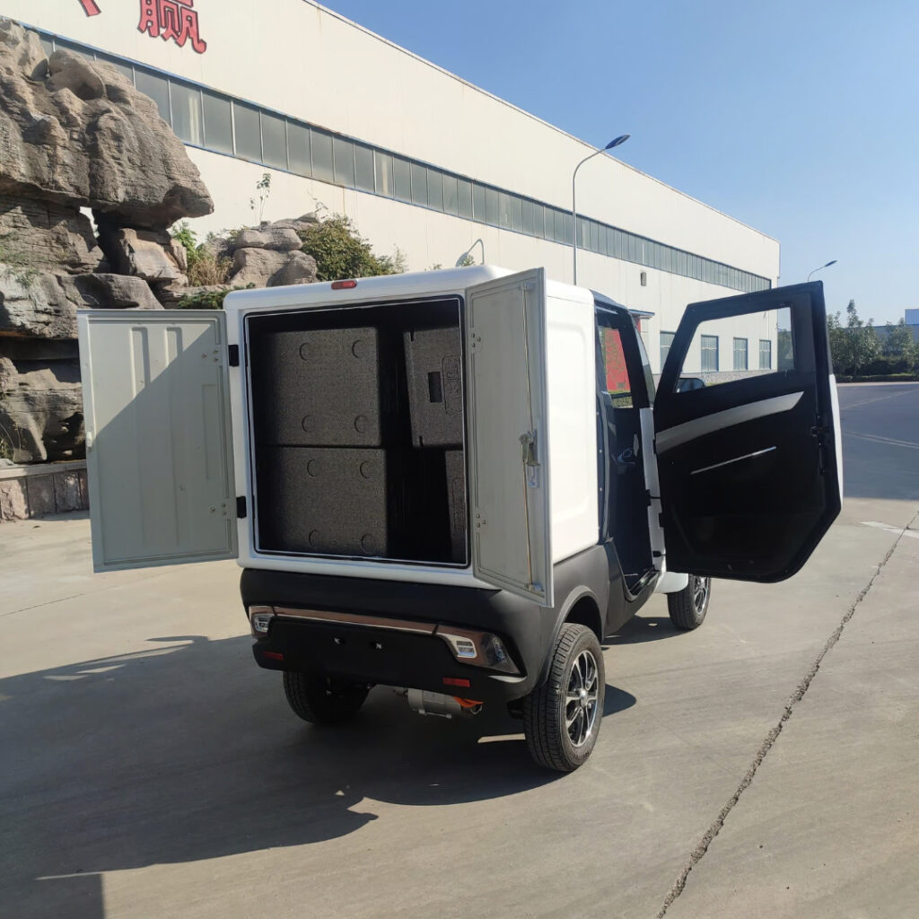 Green Transporter Electric Delivery Cargo Mini Truck Side and Backdooors Opened