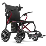 Forcemech Ultralite G10 Lightweight Folding Electric Wheelchair in red shown from the side with large wheels and a slim frame.