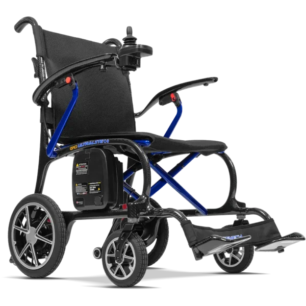 Forcemech Ultralite G10 Lightweight Folding Electric Wheelchair in blue shown from the side with large wheels and a slim frame.