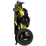 Forcemech Navigator Pro Heavy-Duty Foldable Electric Wheelchair folded upright in yellow with compact wheels for easy storage.