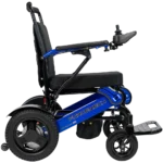 Forcemech Navigator Pro Heavy-Duty Foldable Electric Wheelchair in blue shown from the side with strong wheels and a padded seat.