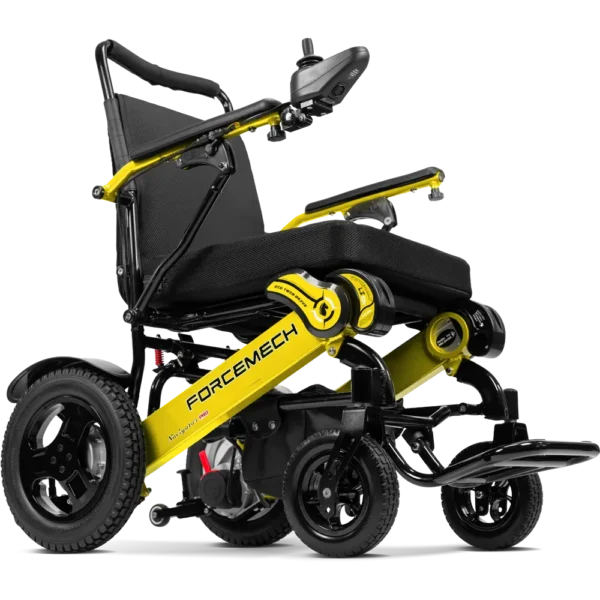 Forcemech Navigator Pro Heavy-Duty Foldable Electric Wheelchair in yellow shown from an angled view with a thick seat and sturdy frame.