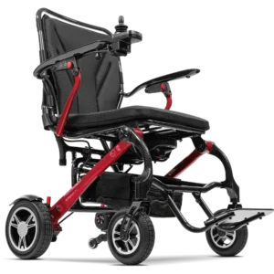 Forcemech Carbon F1 Lightweight Folding Power Wheelchair in red shown from a lower angle highlighting the frame wheels and footrest.