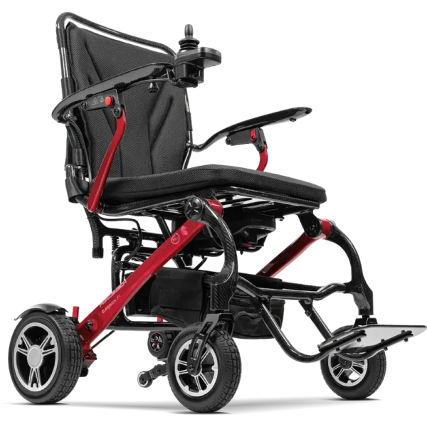 Forcemech Carbon F1 Lightweight Folding Power Wheelchair in red shown from a lower angle highlighting the frame wheels and footrest.