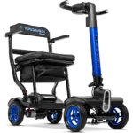 Forcemech Traveler Lightweight Folding Mobility Scooter Forcemech Traveler Lightweight Folding Mobility Scooter in blue shown from an angled front view with a padded seat and sturdy wheels.
