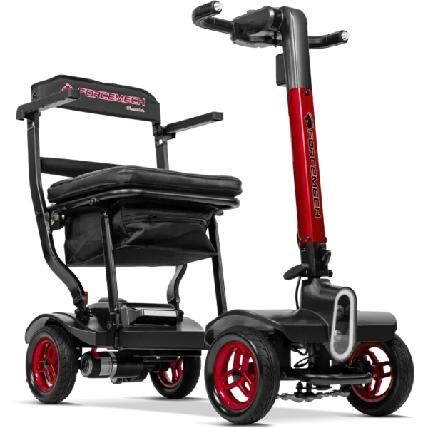 Forcemech Traveler Lightweight Folding Mobility Scooter in red shown from an angled front view with a padded seat and sturdy wheels.
