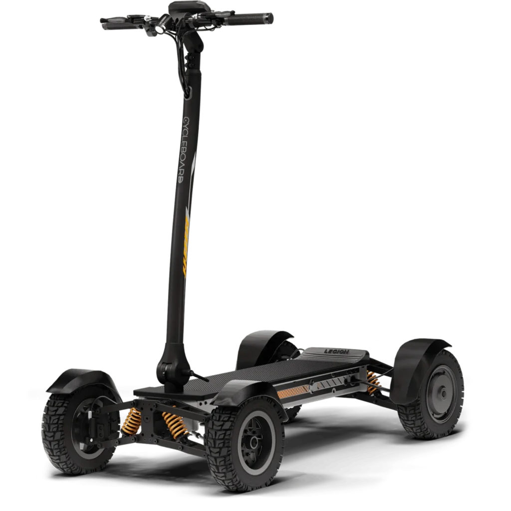 Angled view of Gray CycleBoard X-Quad 3000 electric scooter
