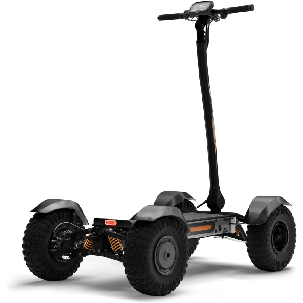 Rear angle view of Gray CycleBoard X-Quad 3000 all terrain electric scooter