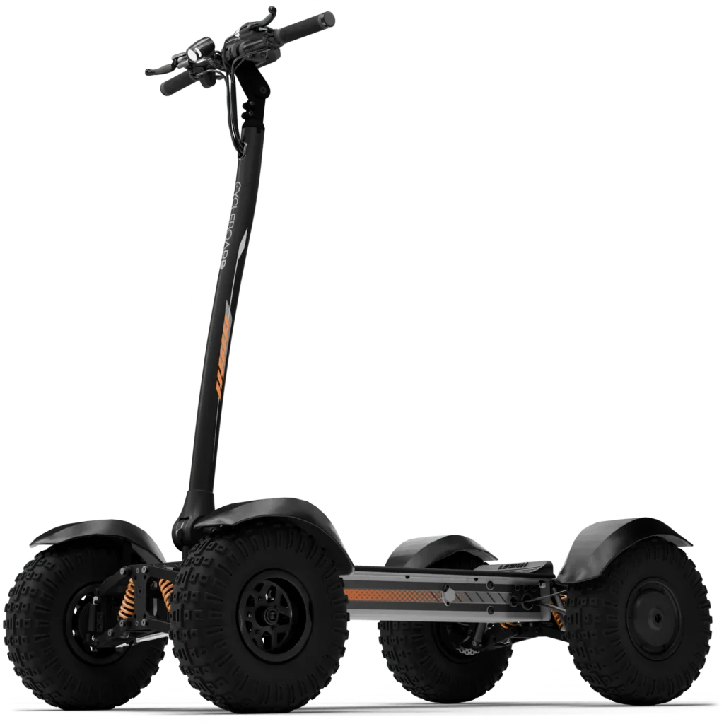 Side view of CycleBoard X-Quad 3000 electric scooter showing suspension and 14" wide tires