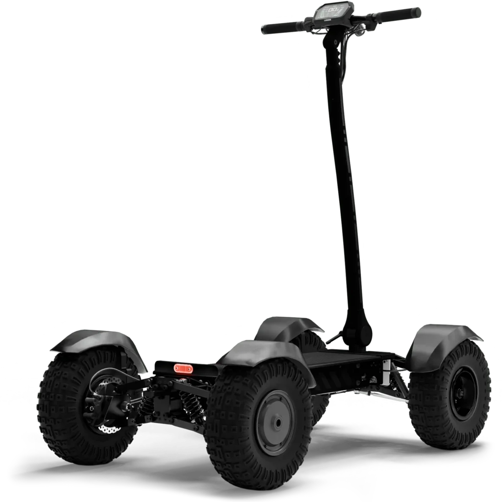 Rear angle view of Stealth CycleBoard X-Quad 3000 all terrain electric scooter