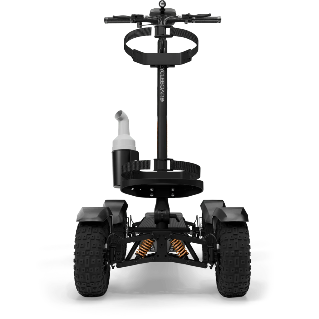 Front view of CycleBoard X Quad 3000 electric golf scooter with golf bag holder