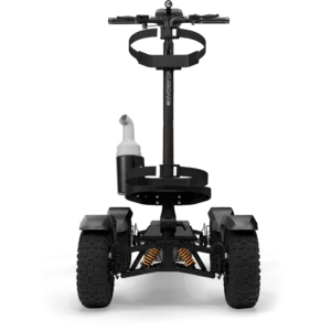 Front view of CycleBoard X Quad 3000 electric golf scooter with golf bag holder