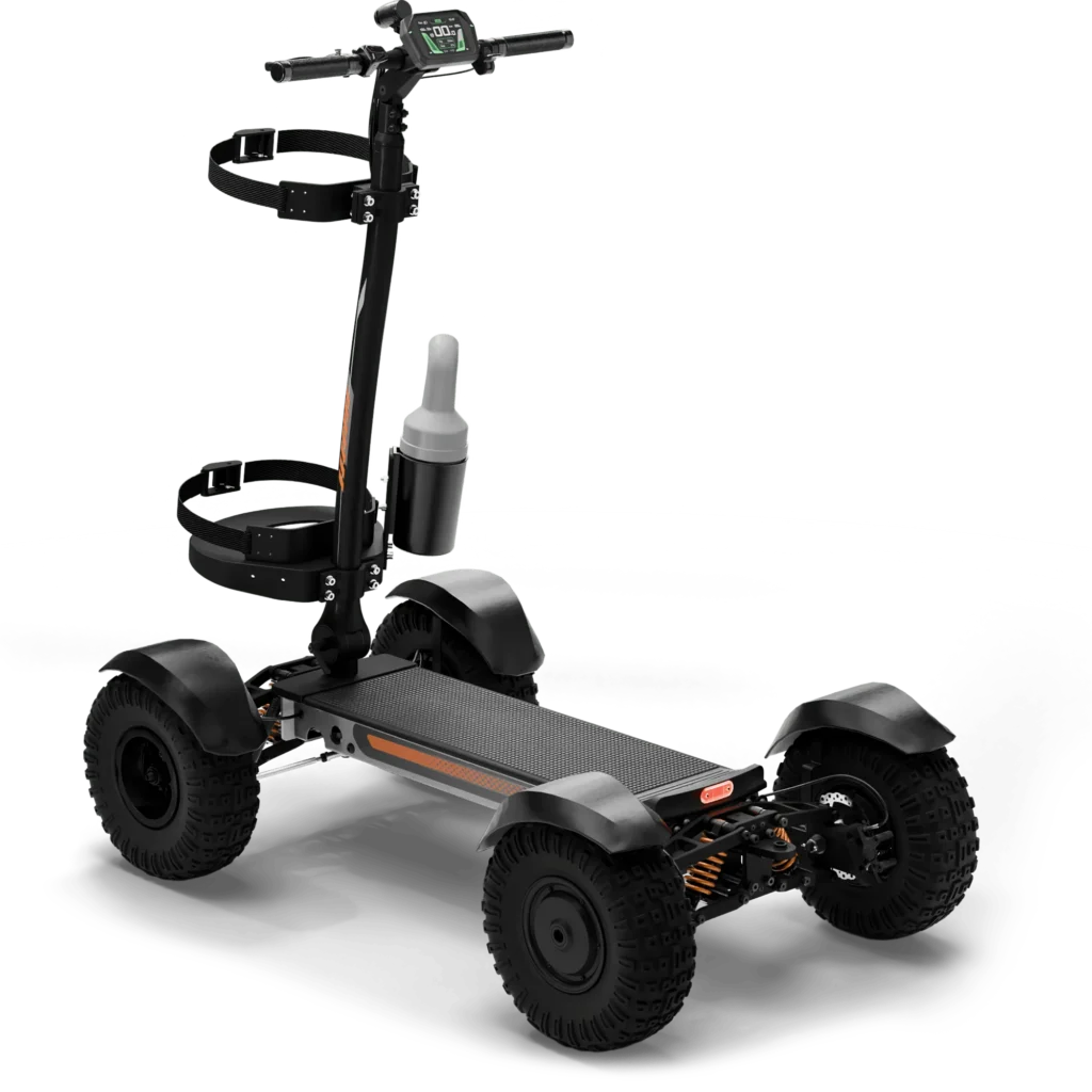 Rear angle view of CycleBoard X Quad 3000 electric golf scooter with golf rack