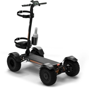 Rear angle view of CycleBoard X Quad 3000 electric golf scooter with golf rack
