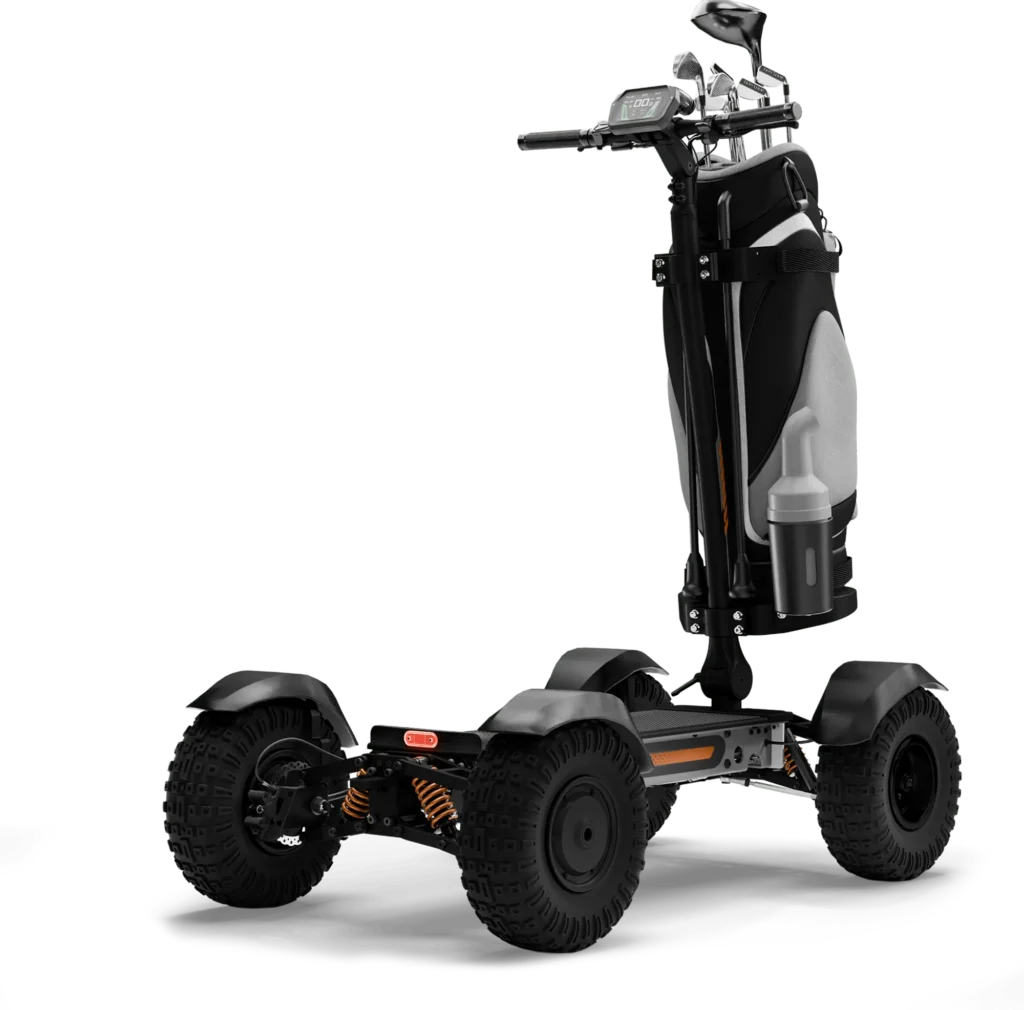 Back angle view of CycleBoard X Quad 3000 electric golf scooter with golf bag attached
