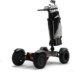 Back angle view of CycleBoard X Quad 3000 electric golf scooter with golf bag attached